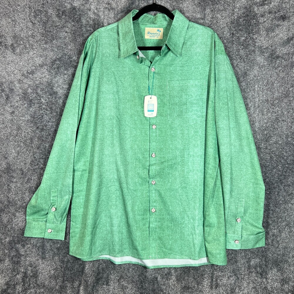 Royaura Hawaiian Shirt Mens 2XL Green Longsleeve Comfort Lightweight Button Up